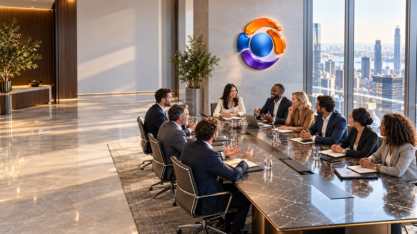 SyntraCore team collaborating in an executive boardroom with the SyntraCore brand core