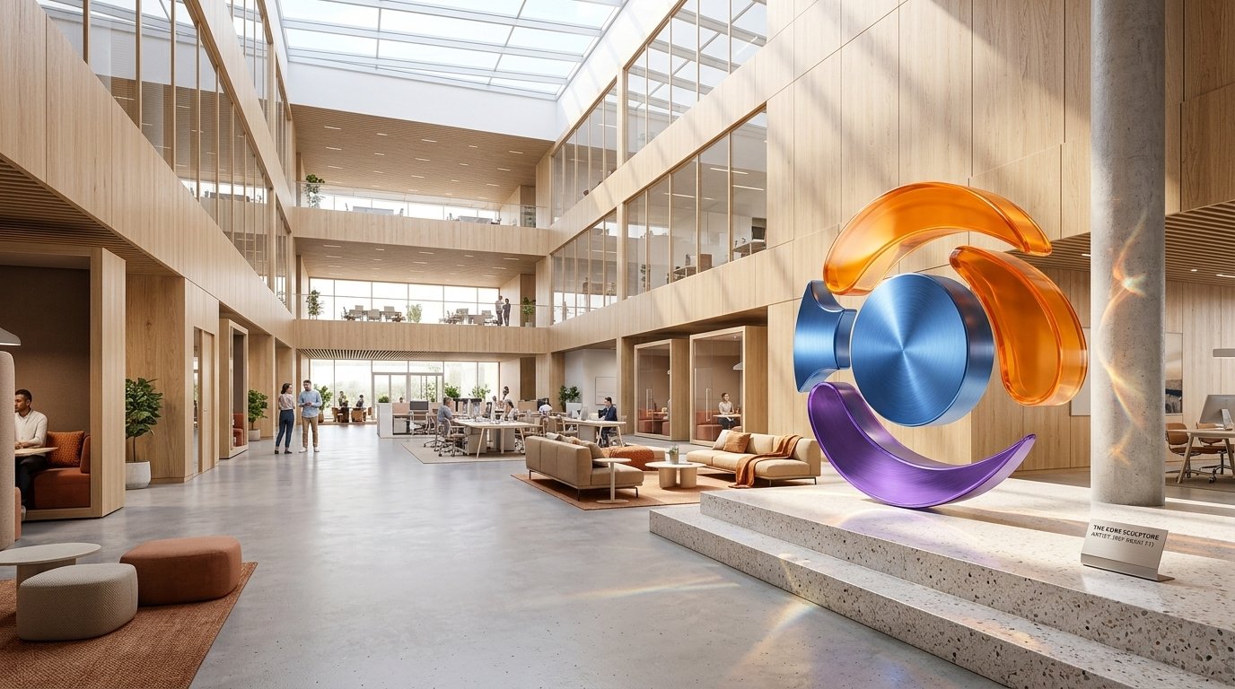 The SyntraCore core sculpture in a sunlit, open collaborative studio