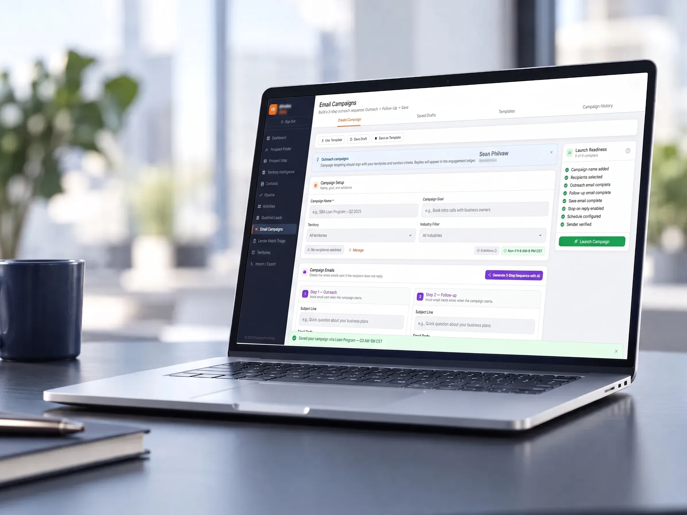 Prospect2Portfolio banking and business development workflow interface