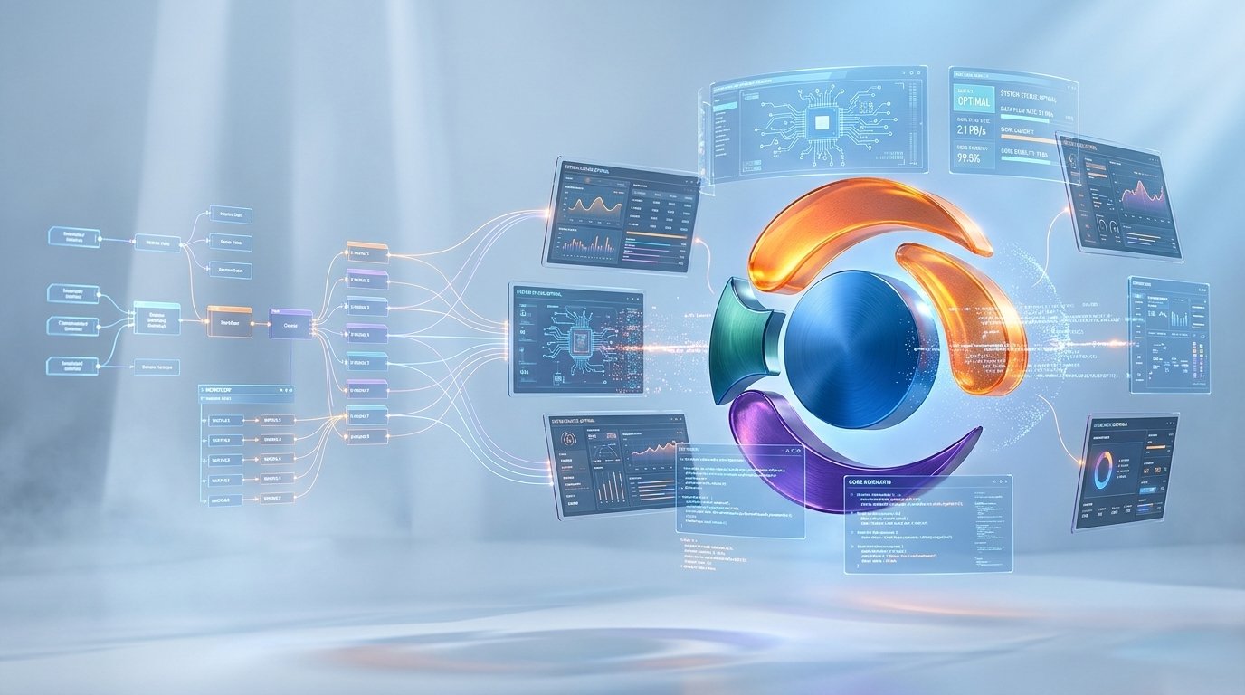 SyntraCore architectural core sculpture surrounded by floating digital SaaS workflows