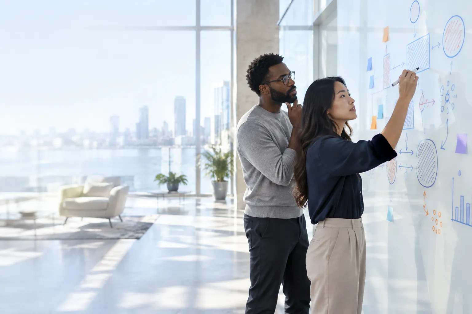 Two professionals mapping a workflow together